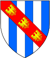 Arms of Grandison: Paly of six argent and azure, on a bend gules three eagles displayed or