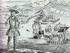 Bartholomew Roberts met sy skip en verowerde handelskepe op die agtergrond.