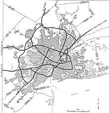 A map of the New York City area showing county borders in addition to proposed interstates, which are in thick black