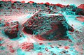 This anaglyph view of Souffle, to the left of Yogi, was produced by combining two right eye frames taken from different viewing angles by Sojourner Rover on Sol 21. One of the right eye frames was distorted using Photoshop to approximate the projection of the left eye view (without this, the stereo pair is painful to view). The left view is assigned to the red color plane and the right view to the green and blue color planes (cyan), to produce a stereo anaglyph mosaic. This mosaic can be viewed in 3-D on your computer monitor or in color print form by wearing red-blue 3-D glasses. Mars Pathfinder is the second in NASA's Discovery program of low-cost spacecraft with highly focused science goals. The Jet Propulsion Laboratory, Pasadena, CA, developed and manages the Mars Pathfinder mission for NASA's Office of Space Science, Washington, D.C. JPL is a division of the California Institute of Technology (Caltech).