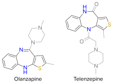 General structure of thienobenzodiazepines. Core is highlighted by black and color. Grey depicts accessory functional groups.