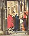 Presentation at the Temple by the Master of the Prado Annunciation, or Hans Memling, 1470s. St Joseph wears a working-mans chaperon in the original style, whilst the relative at right wears a simple evolved one.