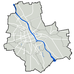 Mapa konturowa Warszawy, w centrum znajduje się punkt z opisem „Ulica Myśliwiecka w Warszawie”