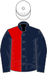 Dark blue and red (halved), dark blue sleeves, white cap