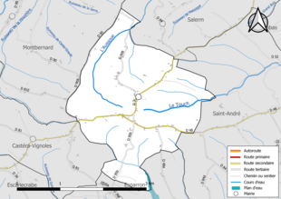 Carte en couleur présentant le réseau hydrographique de la commune