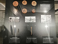 Des poteries (en haut), des pierres polies (en bas à gauche) et des os (en bas) exposés dans un musée avec des indications en russe pour chaque objet.