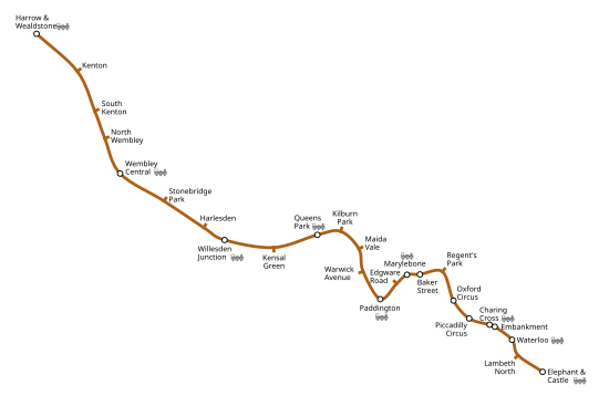 Bakerloo linearen mapa geografikoki zuzena