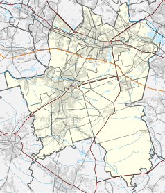 Mapa konturowa Katowic, u góry nieco na prawo znajduje się punkt z opisem „Parafia Mariacka”