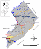 Location of Lopatcong Township in Warren County highlighted in yellow (right). Inset map: Location of Warren County in New Jersey highlighted in black (left).