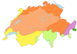 Carte colorée de la suisse indiquant les bassins hydrographiques, la carte montre que le bassin du Rhin et de l'Aar couvre la plus grande partie du territoire, plus des deux tiers.