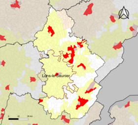 Localisation de l'aire d'attraction de Lons-le-Saunier dans le département du Jura.