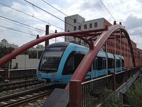 A light-rail vehicle of the Changchun Rail Transit in Changchun, China