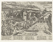 Spaanse Furie, uiterst rechts de Körverpoort (F. Hogenberg, 1576)