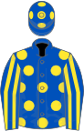 ROYAL BLUE, yellow spots, striped sleeves, blue cap, yellow spots