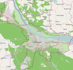 Mapa konturowa Włocławka, blisko centrum na dole znajduje się punkt z opisem „Hala Mistrzów”