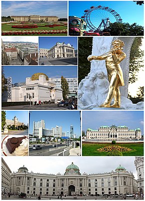 Left–richt, tap–bottom: Rathaus, Schloss Schönbrunn, Riesenrad, Staatsoper, Stephansdom, Kunsthistorisches Museum, Stephansplatz, Sachertorte, Johann-Strauß-Denkmal, Sezession, Donau City, Hundertwasserhaus