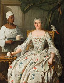 Portrait de Marguerite Deurbroucq, épouse de l'armateur négrier Dominique Deurbroucq, servie par son esclave (1754).