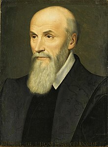 Portrait de Michel de l'Hospital présenté à mi-corps de profil. Longue barbe.