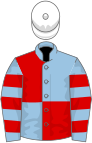 Light blue and red (quartered), hooped sleeves, white cap