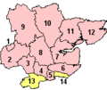 Ceremonial county with numbered pink districts and boroughs and two unitary authorities in yellow