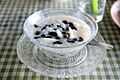 'Sakhu thua dam' is a dessert of tapioca pearls, black beans and the flesh of a young coconut, served in sweetened coconut milk