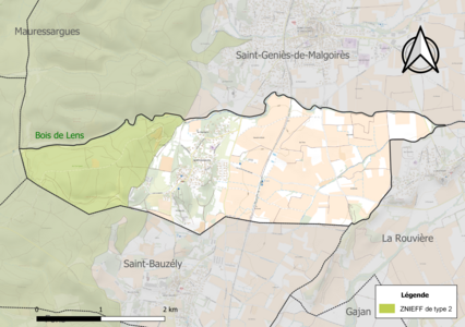 Carte de la ZNIEFF de type 2 sur la commune.