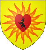 A coat of arms showing a crowned black stag in a red heart engulfed in orange flames on a field of yellow.