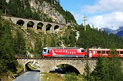 An RhB train amidst the spiral tunnels