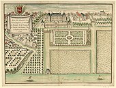 Plan en couleur d'un château et de ses jardins.