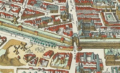 Plan Mérian (1615) La porte Saint-Honoré de l'enceinte Charles V et le marché aux chevaux.