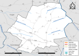 Carte en couleur présentant le réseau hydrographique de la commune