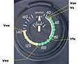 A Cessna 150L airspeed indicator with V speeds marked