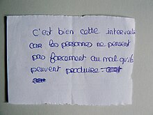 Photographie d'un texte écrit au stylo à bille : "C'est bien cette intervention car les personnes ne pensent pas forcément au mal qu'ils peuvent produire."