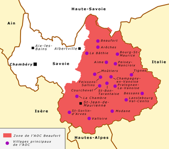 Carte géographique montrant les limites de l'appellation beaufort dans le département de la Savoie. La zone délimitée est colorée en rose foncé sur fond clair. Les principaux villages sont situés et au nord, la délimitation déborde un peu sur le département de la Haute-Savoie. (val d'Arly)