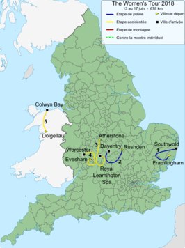 Routekaart van de The Women's Tour 2018