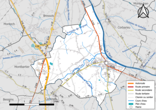 Carte en couleur présentant le réseau hydrographique de la commune