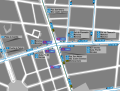 Mapa zonal de la estación de Iglesia con los accesos al Metro y Cercanías y los recorridos de los autobuses de la EMT que pasan por ella, entre los que se encuentra la línea 3.