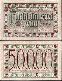 Billet de banque de 50 000 marks d'hyperinflation de la république de Weimar, pour l'État libre populaire de Wurtemberg, en 1923.