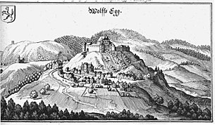 Schloss und Markt Wolfsegg in der Topographia Provinciarum Austriacarum von Matthäus Merian (1656)