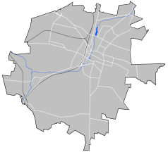 Mapa konturowa Kielc, u góry nieco na prawo znajduje się punkt z opisem „Politechnika Świętokrzyska”