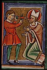 The martyrdom of St. Leger, Bishop of Autun: his eyes are pierced with a drill. From a picture Bible, circa 1200 (northwestern France).