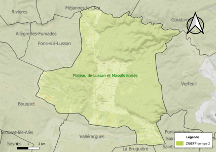 Carte de la ZNIEFF de type 2 sur la commune.