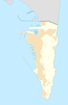 Mapa konturowa Gibraltaru, u góry nieco na prawo znajduje się punkt z opisem „GIB”