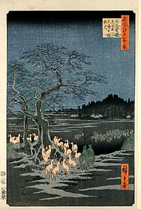 94. Flammenbekränzte Füchse am Silvesterabend unter dem Nesselbaum von Shozoku in Ōji