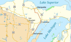 M-35 runs in the central Upper Peninsula of Michigan between Menominee, Escanaba and Negaunee