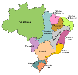 Mapa do Brasil mostrando a divisão pelas doze redes hidrográficas: Amazônica, Tocantins/Araguaia, Atlântico Nordeste Ocidental, Parnaíba, Atlântico Nordeste Oriental, São Francisco, Atlântico Leste, Atlântico Sudeste, Paraná, Paraguai, Uruguai e Atlântico Sul