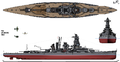 3 view drawing of IJN Hiei showing her 1942 configuration