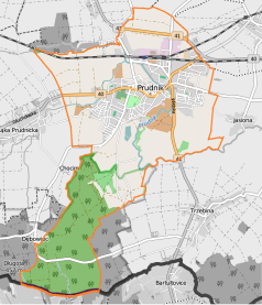 Mapa konturowa Prudnika, u góry znajduje się punkt z opisem „Wieża Woka”