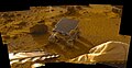 This 8-image mosaic was acquired during the late afternoon (near 5pm LST, note the long shadows) on Sol 2 as part of the predeploy "insurance panorama" and shows the newly deployed rover sitting on the Martian surface. This color image was generated from images acquired at 530,600, and 750 nm. The insurance panorama was designed as "insurance" against camera failure upon deployment. Had the camera failed, the losslessly-compressed, multispectral insurance panorama would have been the main source of image data from the IMP. However, the camera deployment was successful, leaving the insurance panorama to be downlinked to Earth several weeks later. Ironically enough, the insurance panorama contains some of the best quality image data because of the lossless data compression and relatively dust-free state of the camera and associated lander/rover hardware on Sol 2. Mars Pathfinder is the second in NASA's Discovery program of low-cost spacecraft with highly focused science goals. The Jet Propulsion Laboratory, Pasadena, CA, developed and manages the Mars Pathfinder mission for NASA's Office of Space Science, Washington, D.C. JPL is an operating division of the California Institute of Technology (Caltech). The IMP was developed by the University of Arizona Lunar and Planetary Laboratory under contract to JPL. Peter Smith is the Principal investigator.