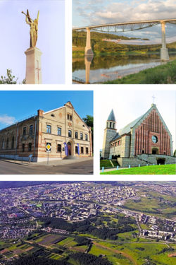 From left to right: Monument of Freedom, White Rose Bridge, Alytus Sinagogue, Church of the Blessed Virgin Mary, Bird's eye view of Alytus